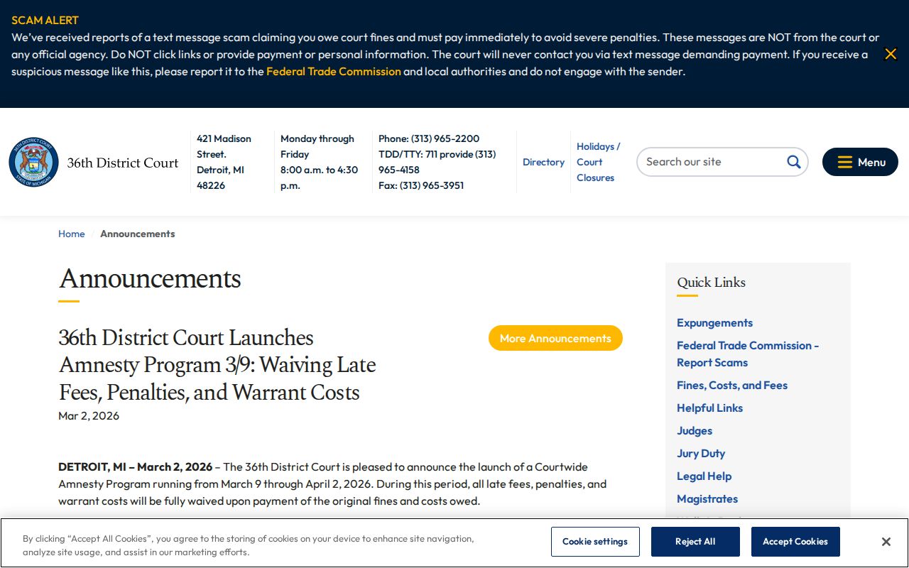 Wayne County Detroit court amnesty announcement waiving warrant costs