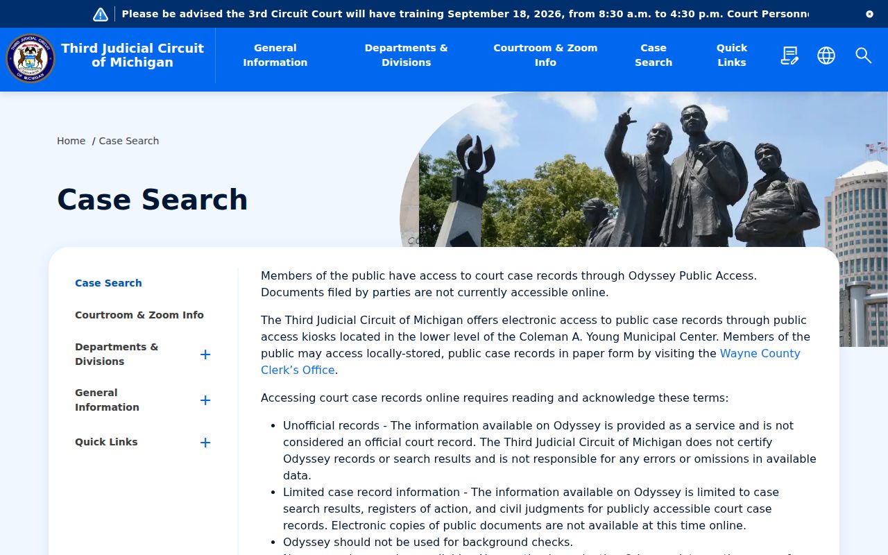 Wayne County Third Circuit Odyssey case search and warrant record disclaimer