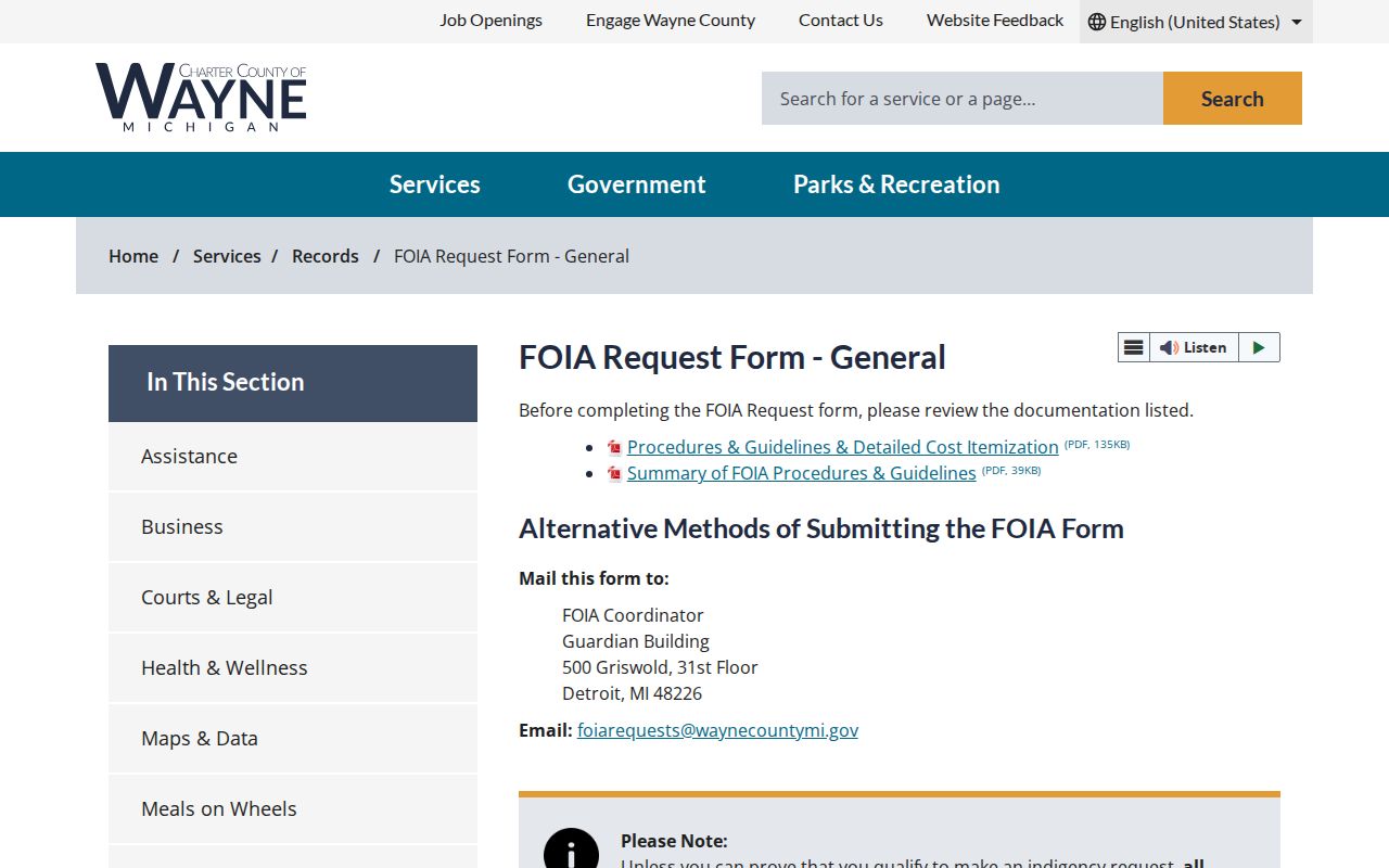 Wayne County FOIA request form for city court warrant records