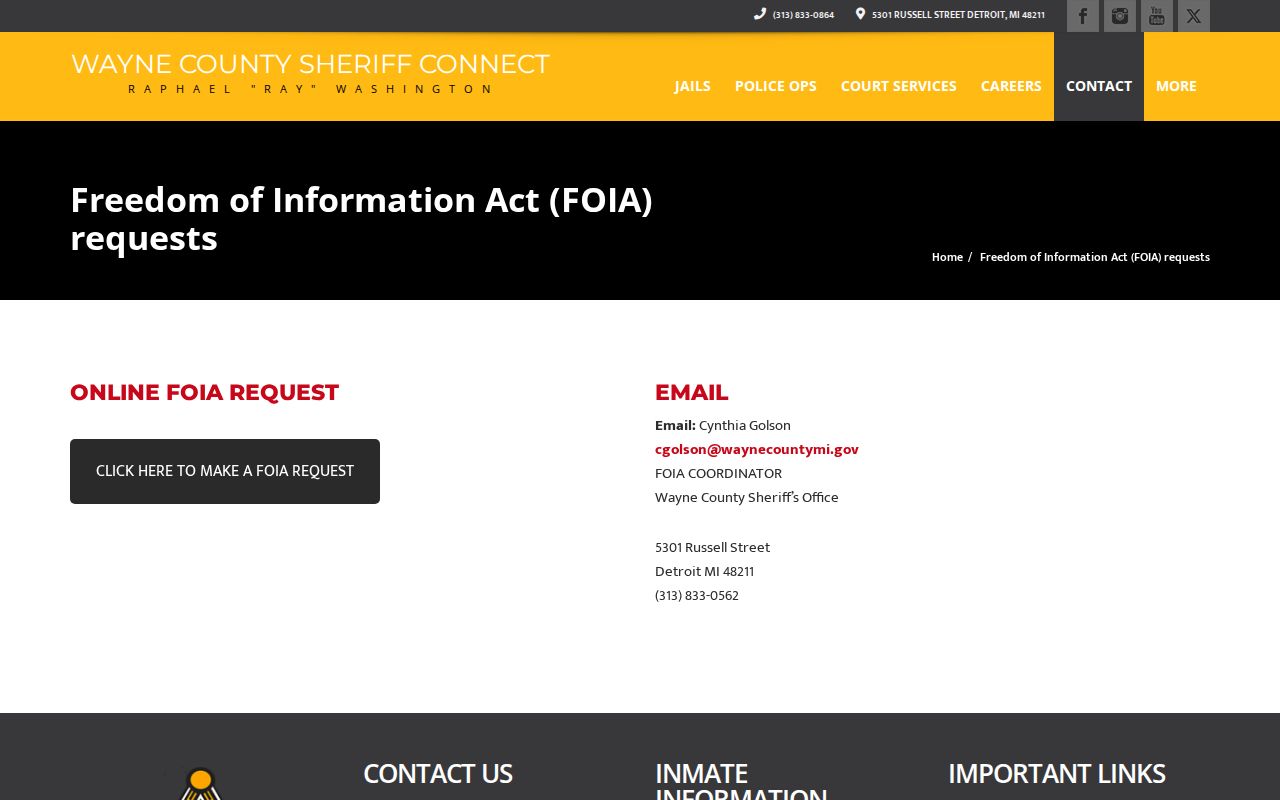 Wayne County Sheriff public records request page for city warrant records