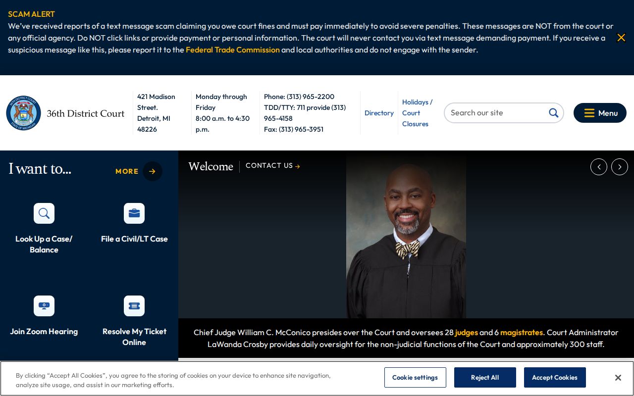 Detroit 36th District Court home page for Wayne County warrant records