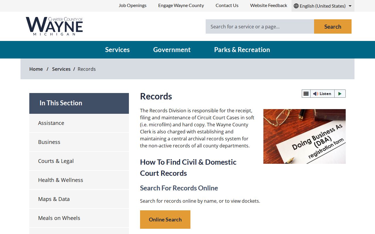 Wayne County Clerk Records Division counter for Wayne County warrant record copies