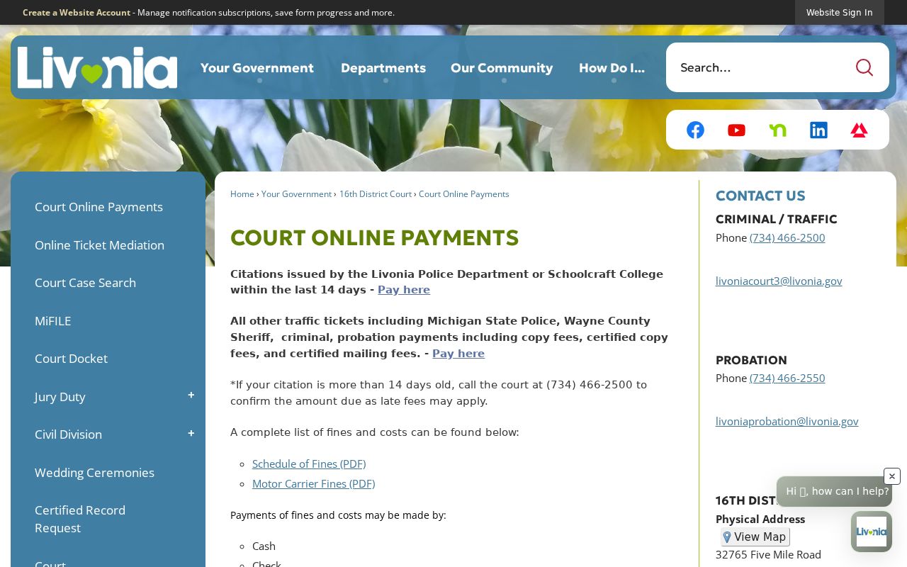 Livonia 16th District Court warrant payment methods and bond types