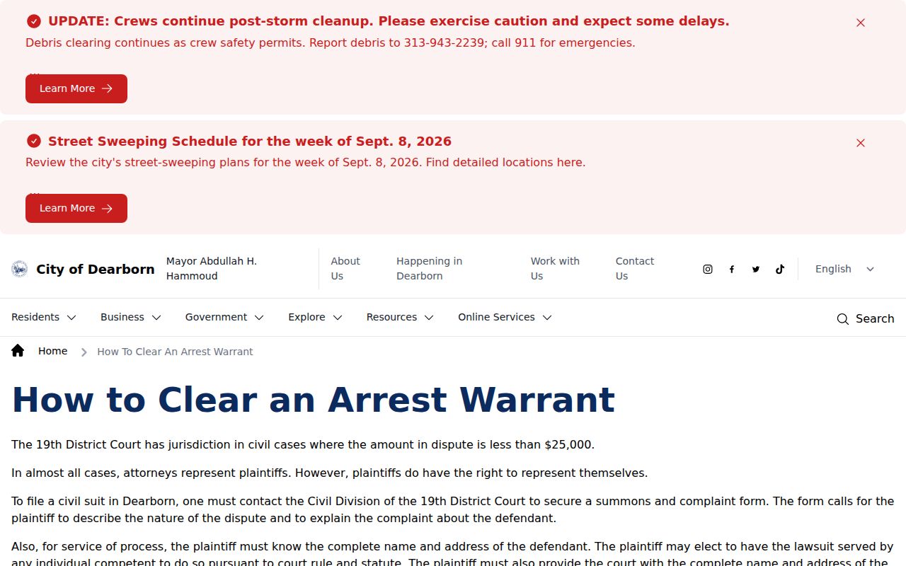 Dearborn warrant clearing options in Wayne County from the 19th District Court