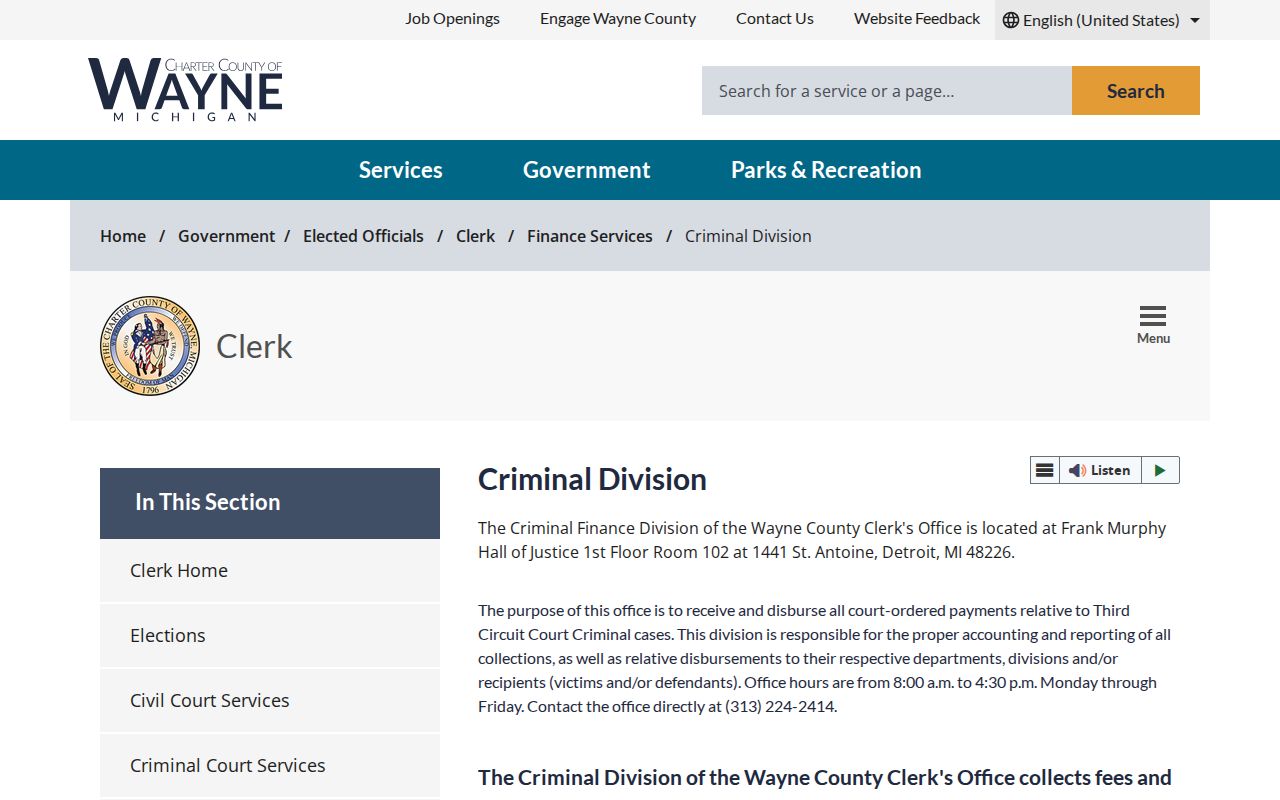 Wayne County Clerk criminal division records for Wayne County arrest warrants