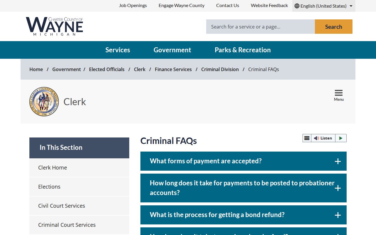 Wayne County Third Circuit criminal division bond fees for bench warrants
