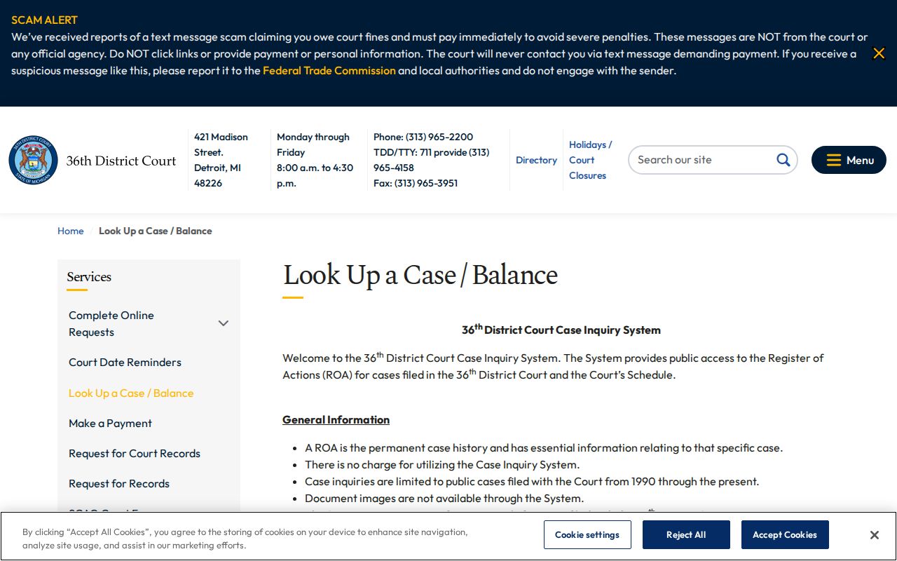 Detroit 36th District Court case inquiry notice for Wayne County warrant records