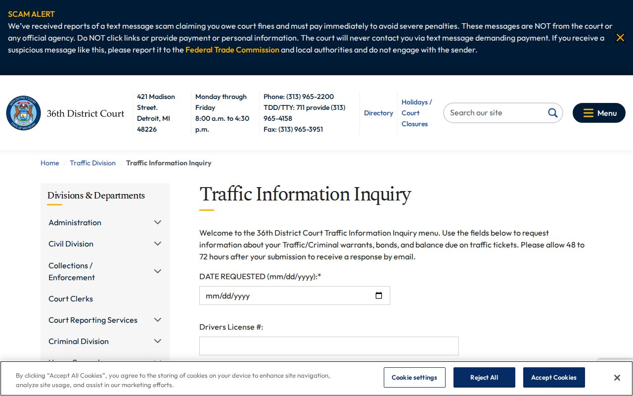 Detroit 36th District Court traffic warrant inquiry form with bond checkboxes