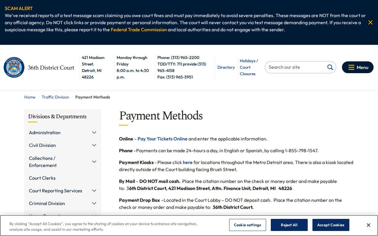 Detroit 36th District Court payment methods for Wayne County warrant records