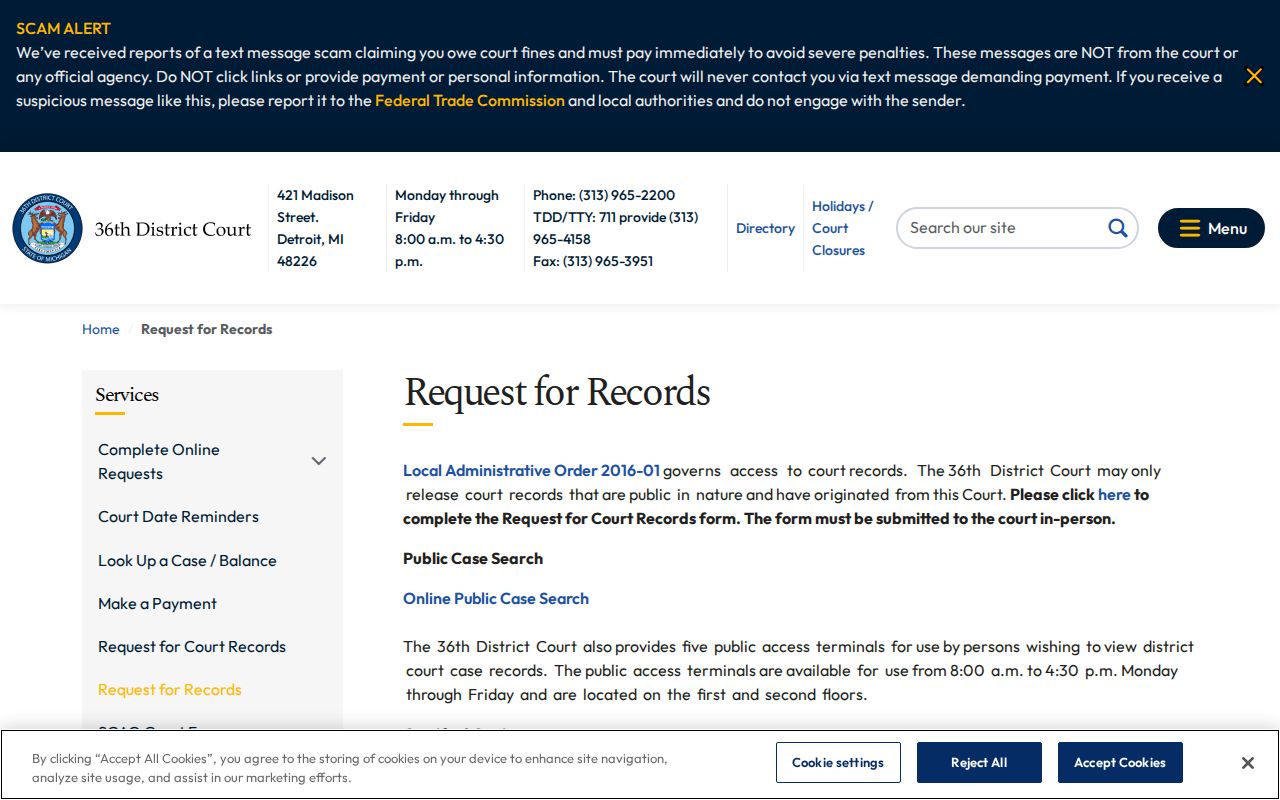 Detroit 36th District Court warrant record request instructions and copy fee